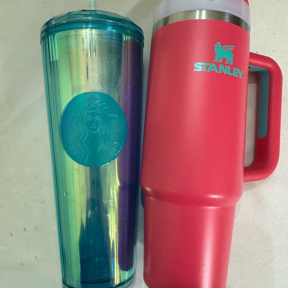 Stanley Red Insulated Travel Mug with Iridescent Teal Starbucks Tumbler